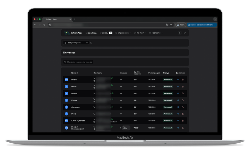 Клиентская база кафе в CRM DeliveryCore